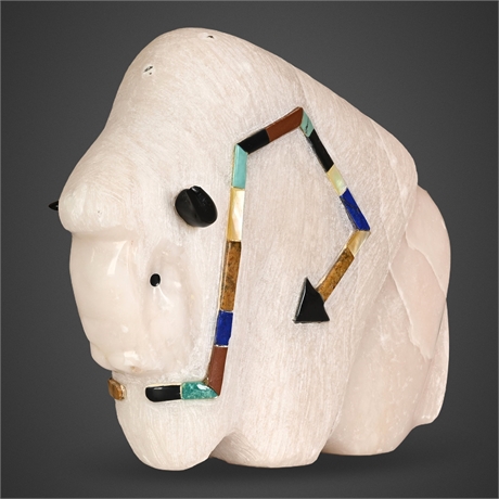 Zuni Carved Alabaster Buffalo Fetish with Multi-Stone Arrow Inlay