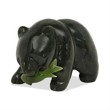 Carved Nephrite Jade Bear with Salmon Figurine, Pacific Northwest
