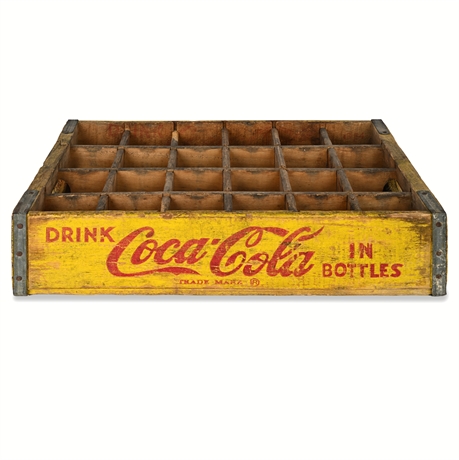 1964 Coca-Cola Wooden Bottle Crate — Yellow & Red, 24-Cell Carrier