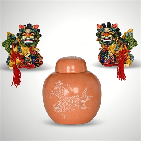 Neiman-Marcus Koi Fish Ginger Jar with Pair of Vibrant Cast Resin Foo Dogs