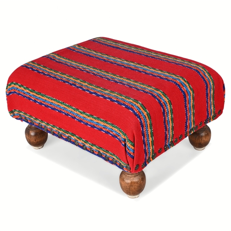 Mexican Sarape-Weave Upholstered Footstool w/ Nailhead Detail