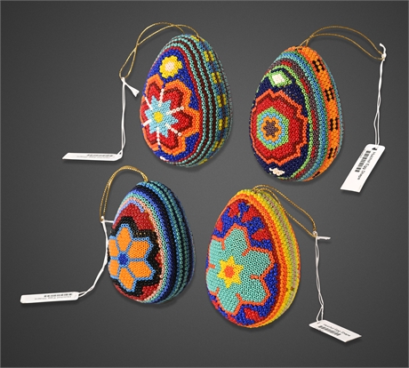 Set of 4 Huichol Beaded Hanging Eggs – Carved Wood & Glass Beads