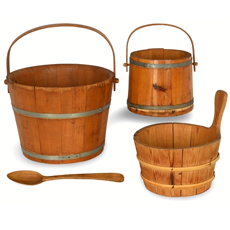 Vintage Wood & Sauna Buckets Set with Dowel Bentwood Handle