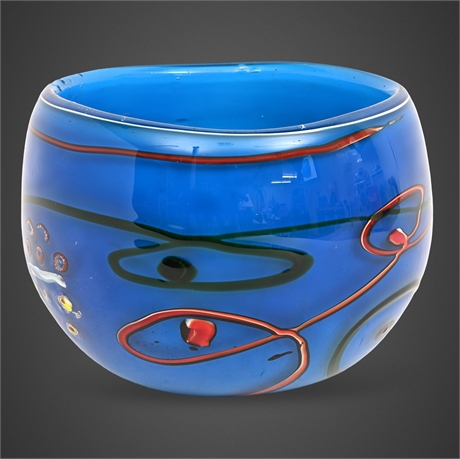 Art Glass Bowl — Blue Cased, Applied Millefiori Murrine, Red & Green Trailing