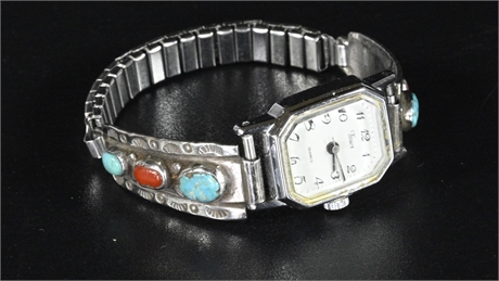 Petite Sterling Silver, Turquoise, & Coral Watch