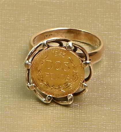 14k Gold Ring with Mexican 1945 Dos Pesos Gold Coin