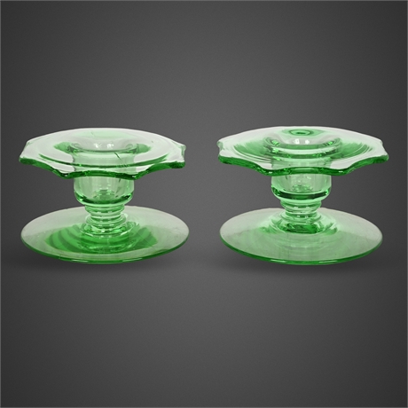 Pair of Green Depression Glass Octagonal Candle Holders
