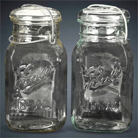 Antique Ball Clear Glass Jars - Set of 2, "Ideal" Design, 1 Quart