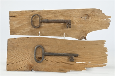 Pair Antique Keys Mounted to Wood
