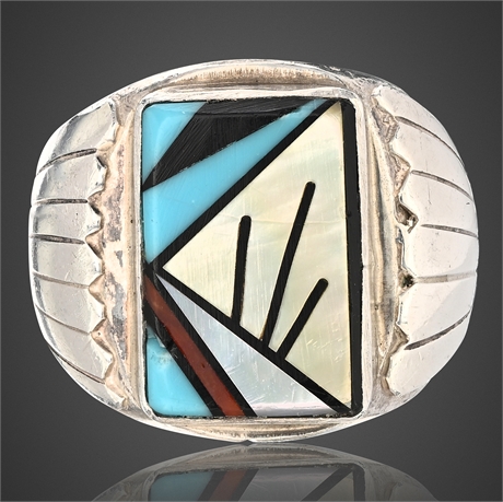 Zuni Multi-Stone Channel Inlay Sterling Silver Men's Ring Sz 12​​​​​​​