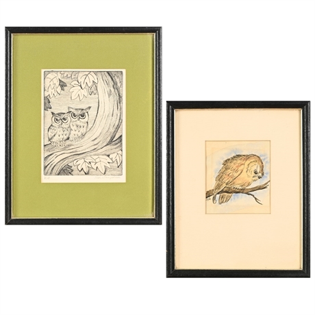 Ilse Lanphere Owl Etching & Original Watercolor, Pair of Framed Works