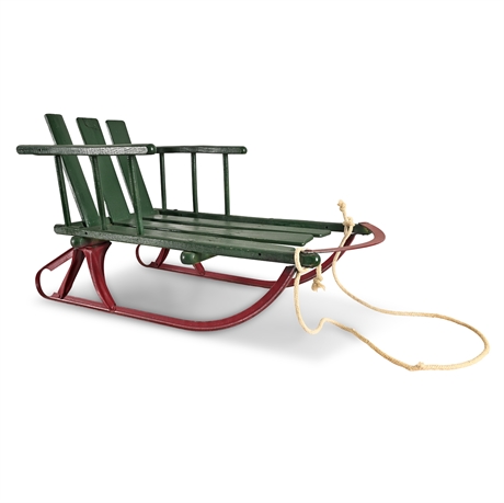 Vintage Green & Red Wooden Child’s Pull Sled with Iron Runners & Rope
