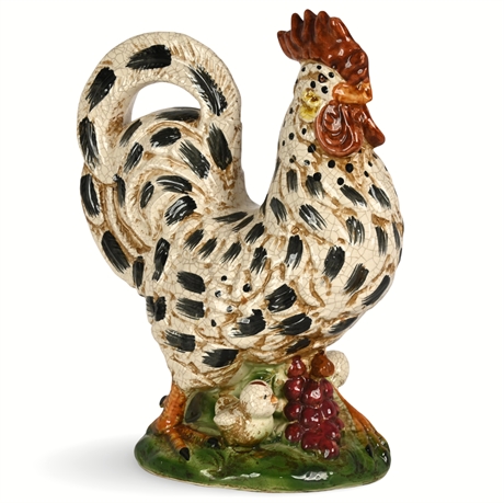 Majolica Style Rooster Pitcher with Chick and Grape Motif, Vintage Ceramic Decor