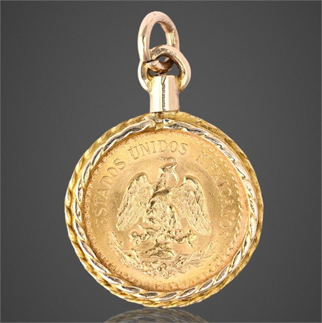 1945 Mexico Dos y Medio Pesos Gold Coin Pendant, 14K Bezel