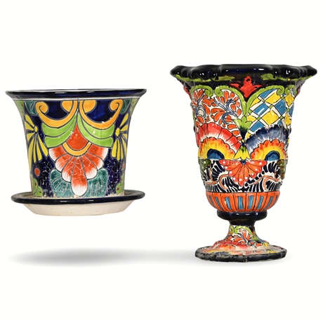 Pair of Hand-Painted Talavera Planters with Vibrant Floral Designs