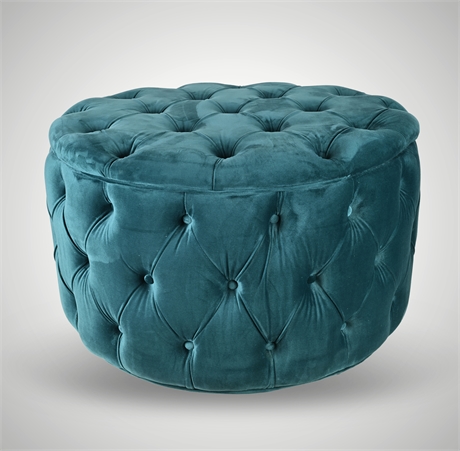 Noble House Teal Velvet Tufted Ottoman, Maker Marked, 29" Diameter