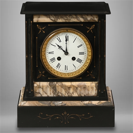 Antique French Black Slate Mantel Clock with Marble Accents