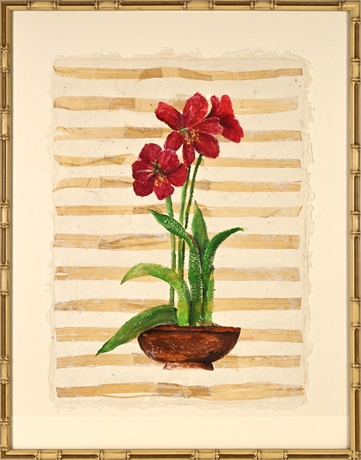 Diana Pohl Acrylic on Handmade Paper – Red Flowers in Bowl, Framed
