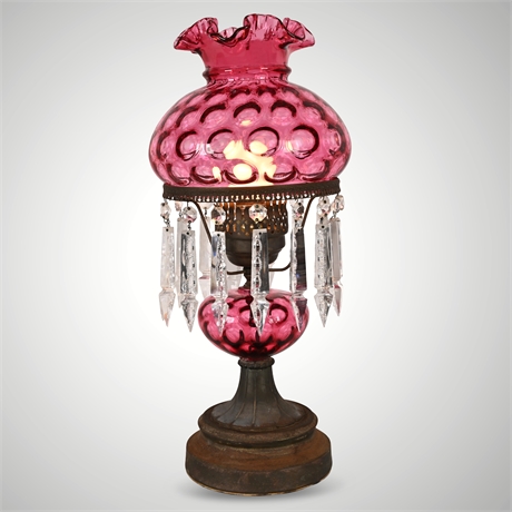 Fenton Cranberry Coin Dot Lamp w/ Prisms, 18"