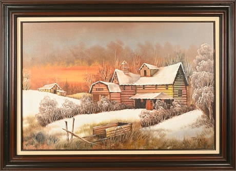 Winter Barn Landscape Painting by 'Travis'
