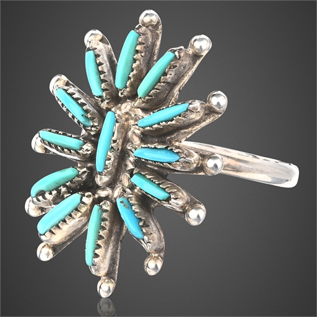 Zuni Sterling Silver Petit Point Turquoise Ring, Signed J.S. Bellson, Size 8.25