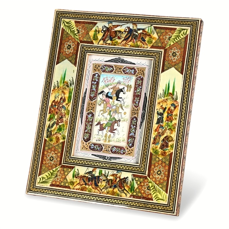 Signed Persian Hand-Painted Polo Scene on Camel Bone, Khatam Micro-Mosaic Frame