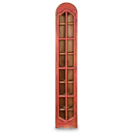 Rustic Mexican Pine Display Cabinet – Distressed Red Glass-Front, 7 Shelves