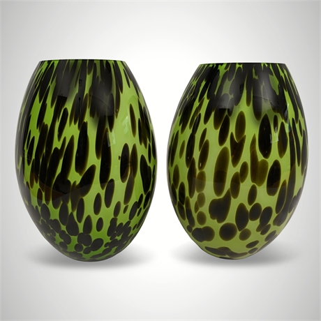 Pair of Hand-Blown Green & Black Spotted Art Glass Ovoid Vases