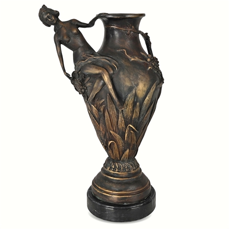 Art Nouveau Style Bronze Ewer w/ Nude Maiden – 19.75", Marble Base