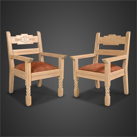 Taos Pueblo Revival Carved White Oak Armchairs, Matched Pair