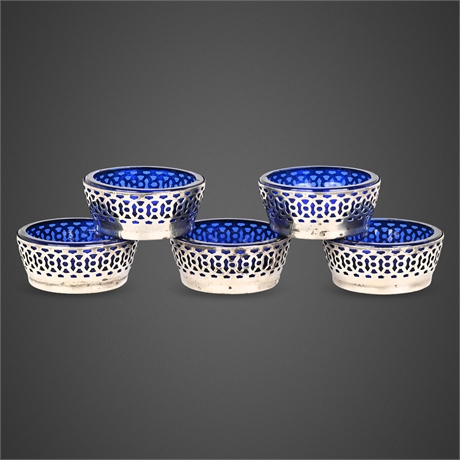 Webster Sterling Silver Reticulated Salt Cellars, Cobalt Glass — Set of 5
