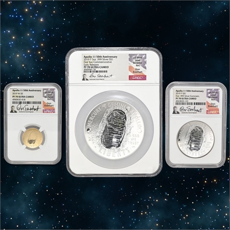 2019 Apollo 11 3-Coin Proof Set PF70 UC — 1/200 Don Everhart Signed