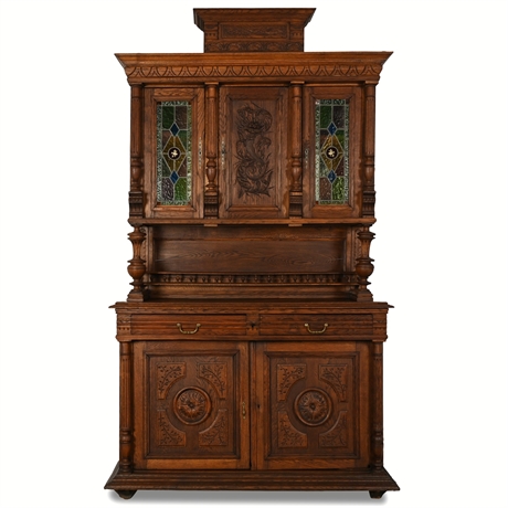 19th-Century Gothic Revival Solid Oak Hutch