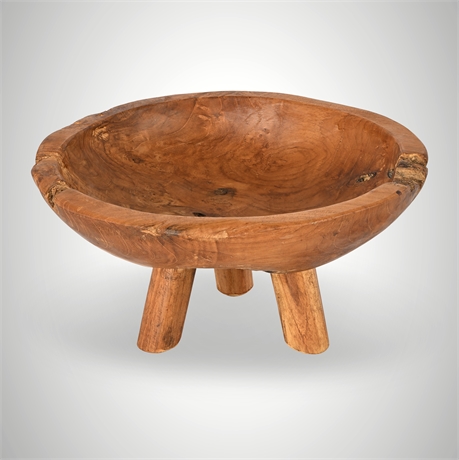 Rustic Hand-Carved Wooden Tripod Bowl – Farmhouse Decor, 11.25" Dia