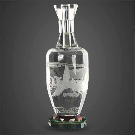 Etched Crystal Vase with Phoenix & Rising Sun Motif on Faceted Multicolor Base