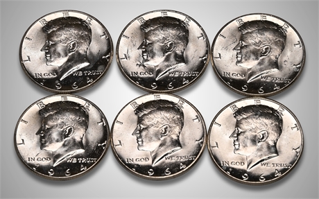 1964 (6) Kennedy Silver Half Dollars