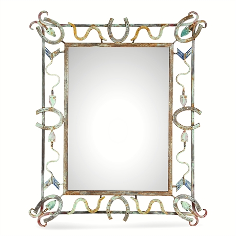 Folk Art Iron Mirror with Horseshoes, Arrows & Painted Serpents