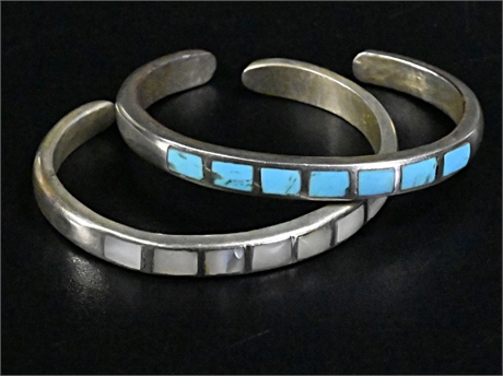 Vintage Inlay Sterling Silver Cuff Bracelets