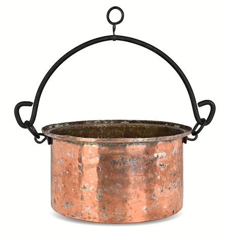 Hammered Copper Hearth Cauldron — Wrought Iron Swing Bail, Tin-Lined