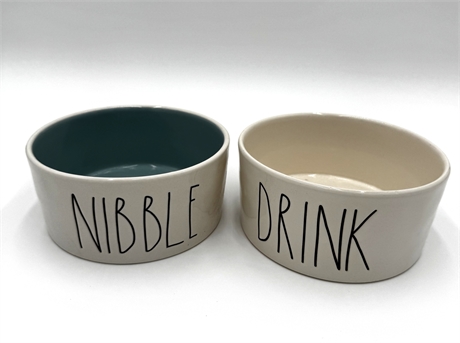 Set of 2 Rae Dunn-Style Ceramic Pet Bowls, “DRINK” & “NIBBLE”