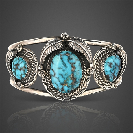 Vintage Navajo Sterling Silver Triple Shank Cuff with Kingman Turquoise