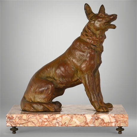 Antique French Art Deco German Shepherd Sculpture on Footed Marble Base