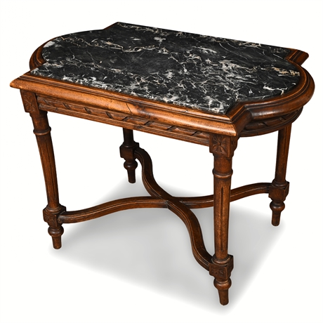 Late 19th C. Italian Neoclassical Walnut Table — Marble Top, Louis XVI Style