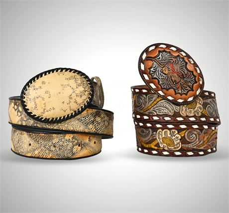 Tony Lama Tooled Leather Belt & Vintage Snakeskin Belt Lot — Sizes 29–32