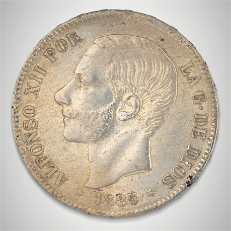 1885 Spain Five Pesetas – Silver, Madrid Mint