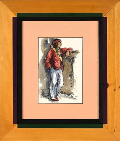 Carolyn Bunch Watercolor & Ink — Native American Figure, 13"x11" Framed
