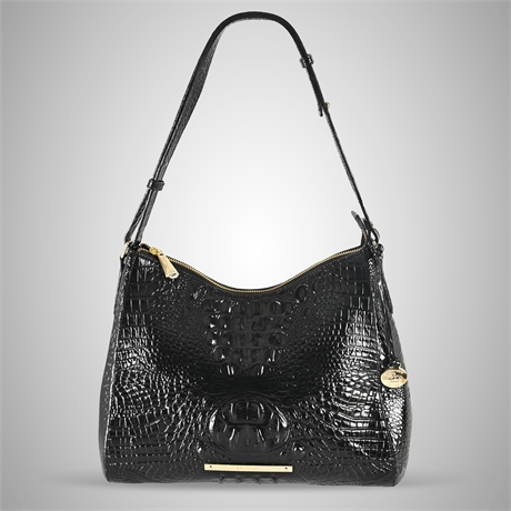 Brahmin Melbourne Black Croc-Embossed Leather Hobo w/ Dust Bag