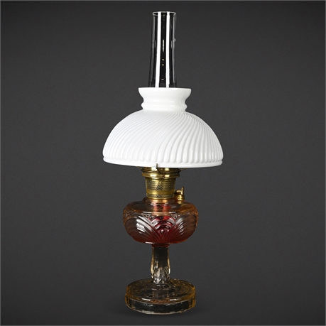 Aladdin Model 23 Amber Glass Pedestal Kerosene Lamp with Swirl Milk-Glass Shade