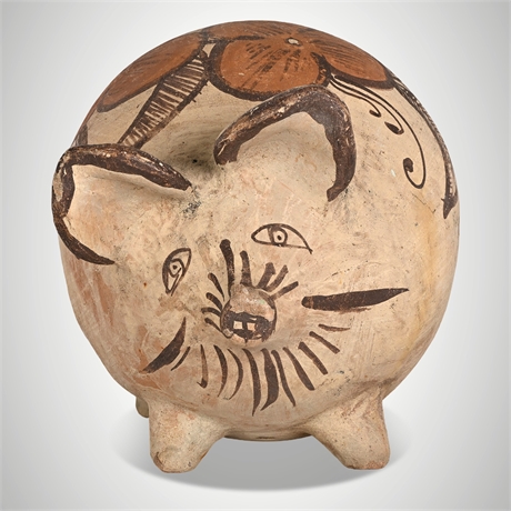 Mexican Folk Art Hand-Painted Terracotta Pig Bank with Floral Motif
