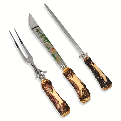 Anton Wingen Jr. Solingen Carving Set – Stag Handles, Hand Carved, 3 Pc.
